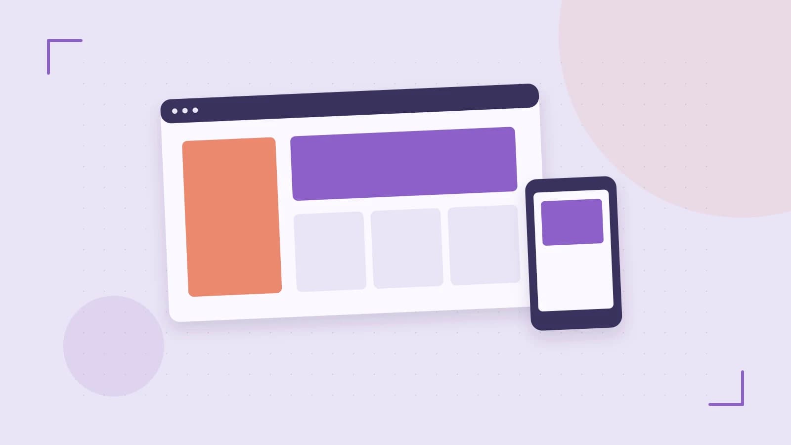 Editorial illustration of responsive browser layouts, overlapping design components and a color system