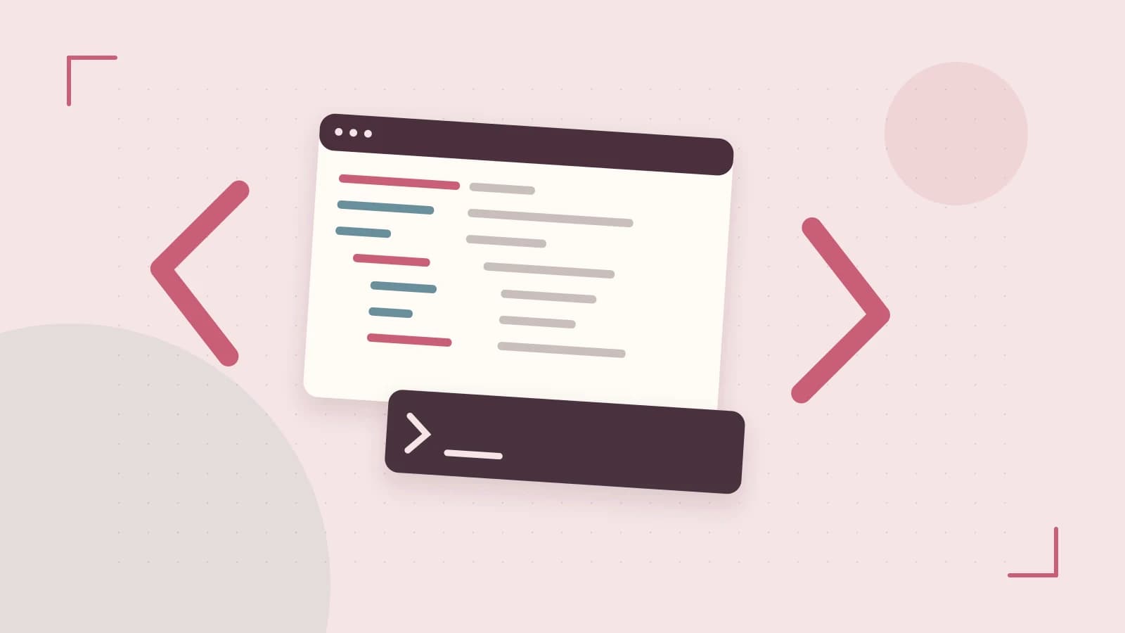 Editorial illustration of an abstract code editor, syntax blocks and oversized programming brackets