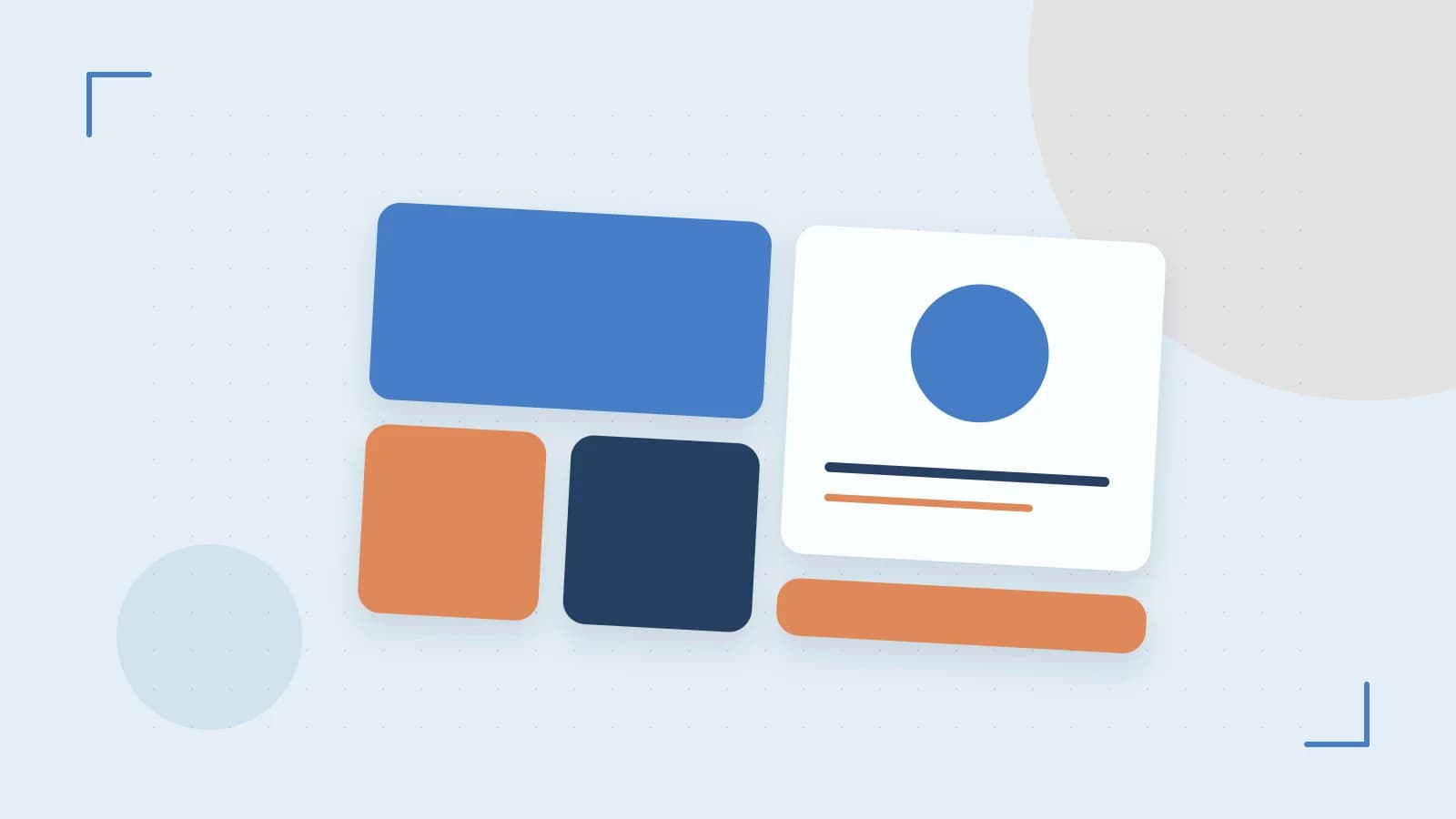 Editorial illustration of responsive browser layouts, overlapping design components and a color system