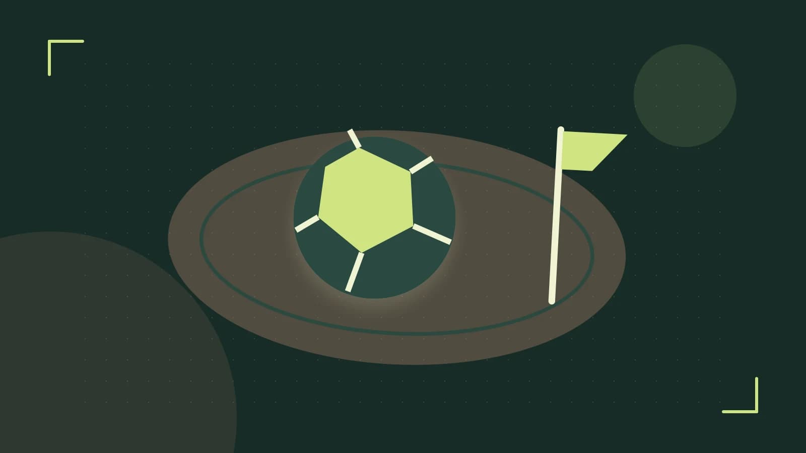 Editorial illustration of a stylized sports ball, stadium geometry and dynamic arcs