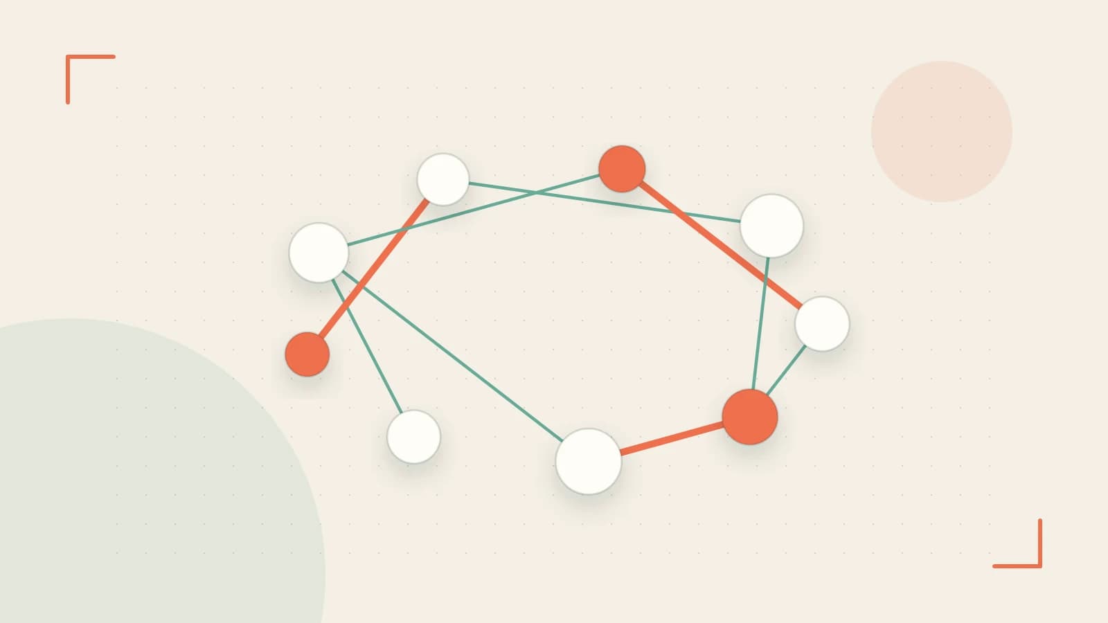 Editorial illustration of an algorithmic node graph with branching paths and a highlighted result
