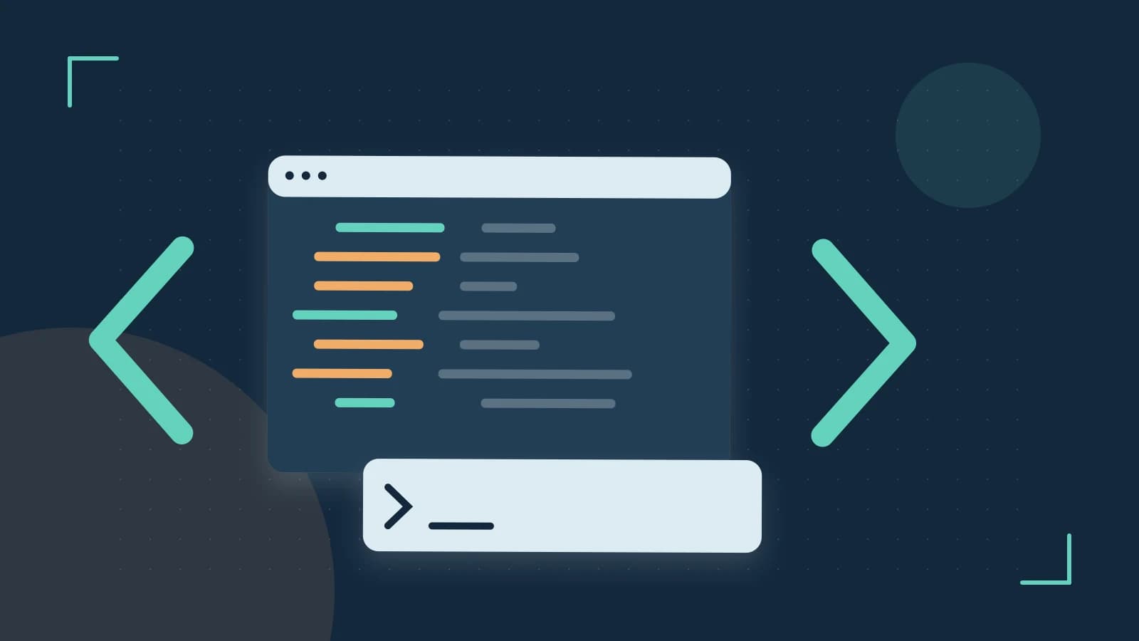 Editorial illustration of an abstract code editor, syntax blocks and oversized programming brackets