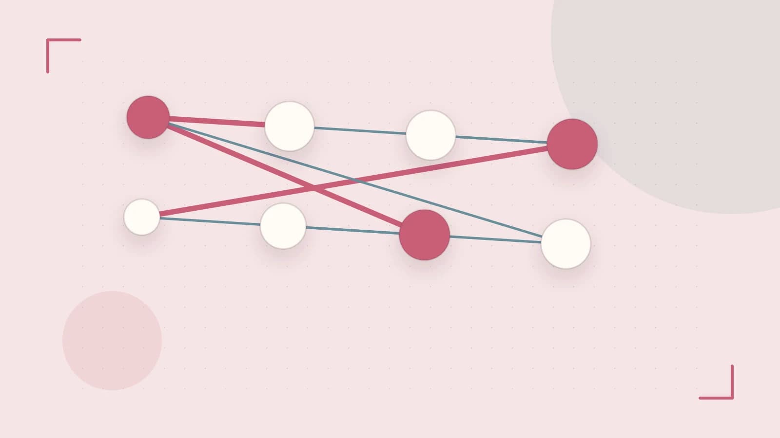 Editorial illustration of an algorithmic node graph with branching paths and a highlighted result