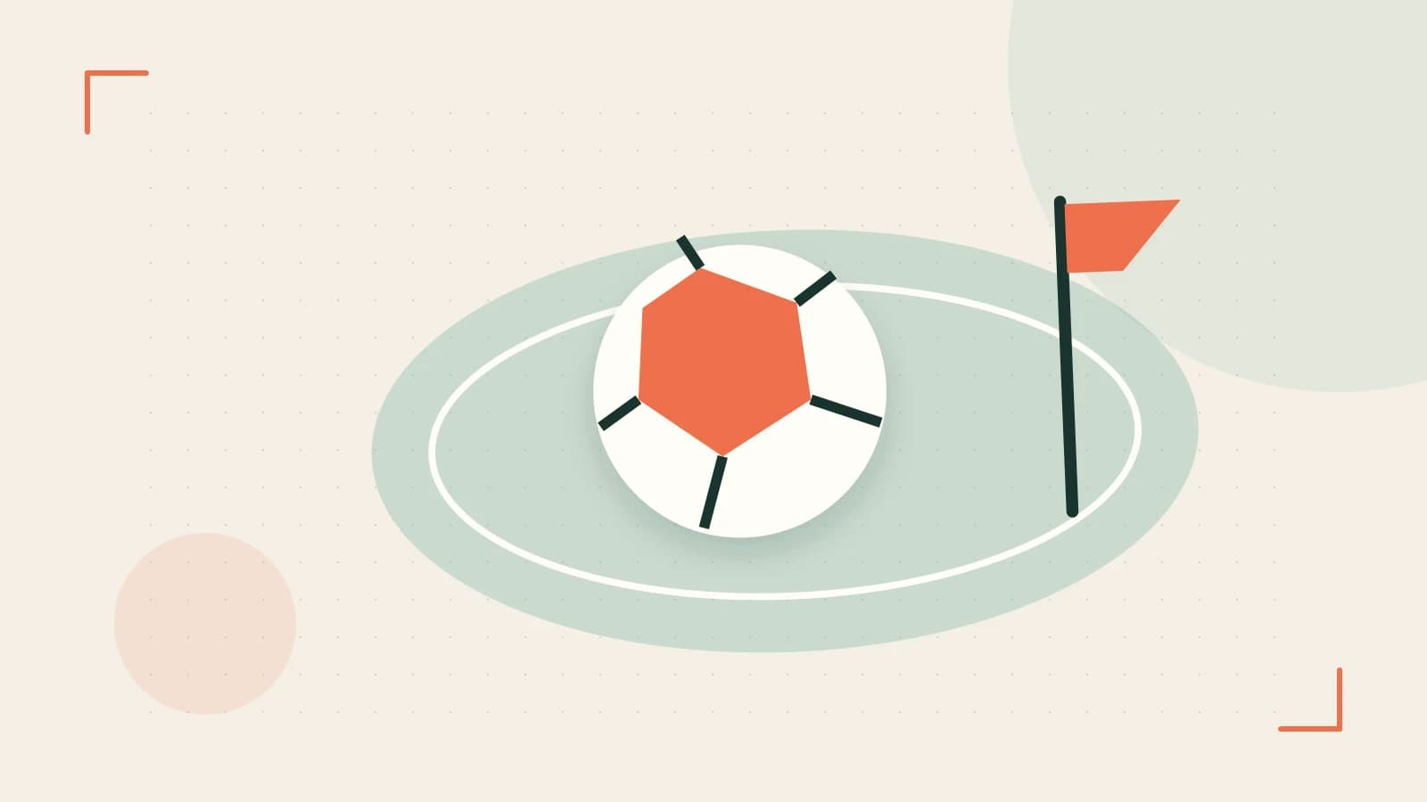 Editorial illustration of a stylized sports ball, stadium geometry and dynamic arcs
