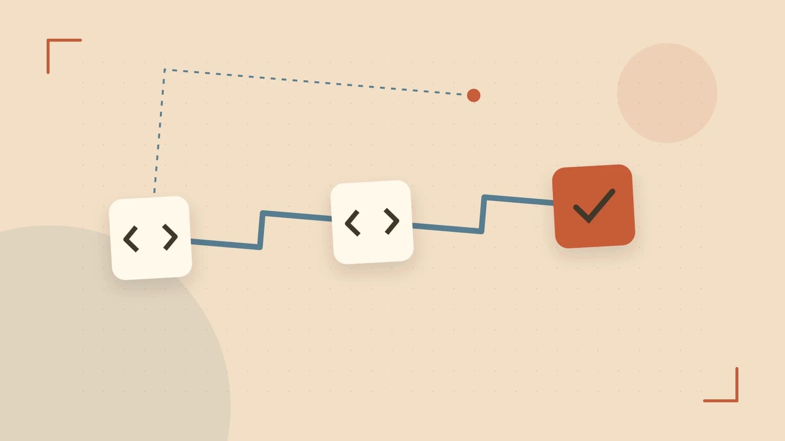 Editorial illustration of a branching build pipeline, staged transformations and a completed check