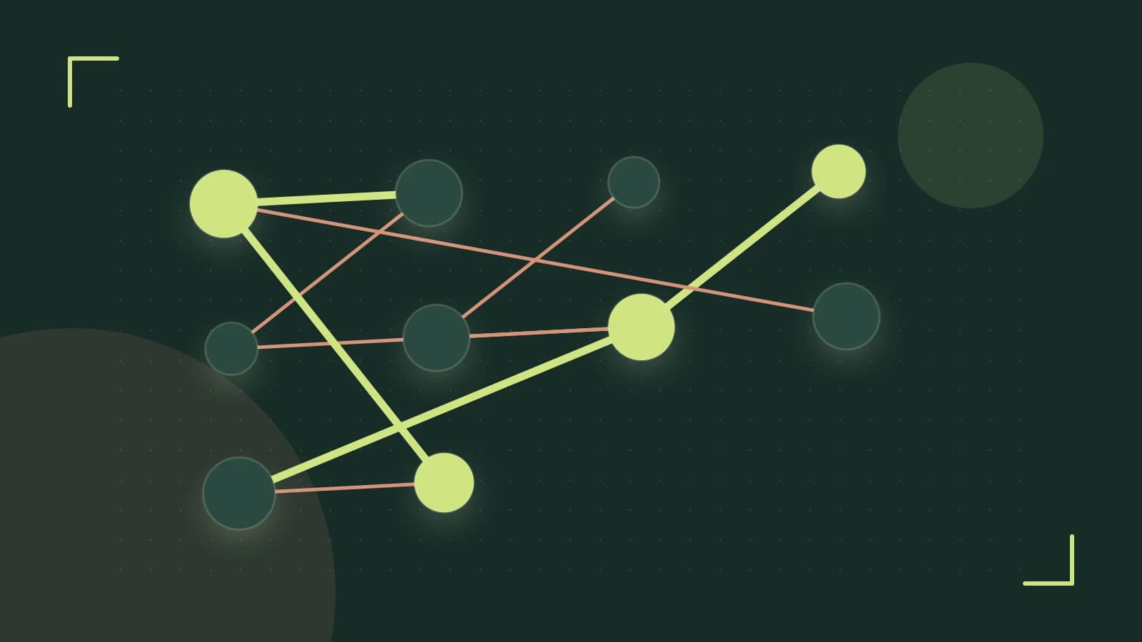 Editorial illustration of an algorithmic node graph with branching paths and a highlighted result