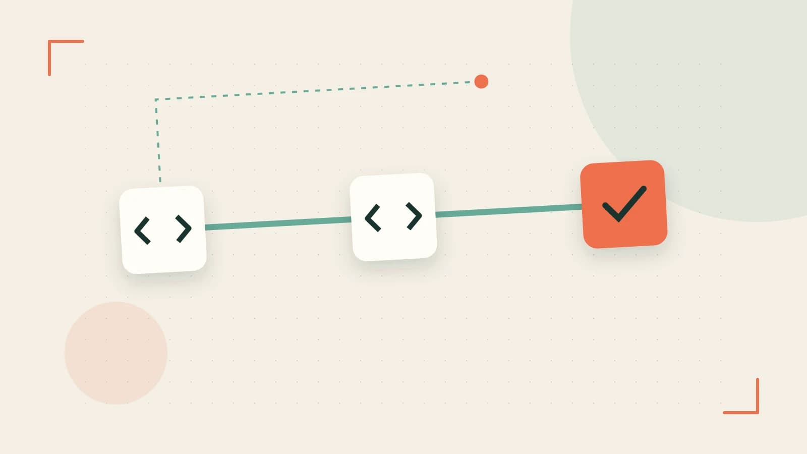 Editorial illustration of a branching build pipeline, staged transformations and a completed check