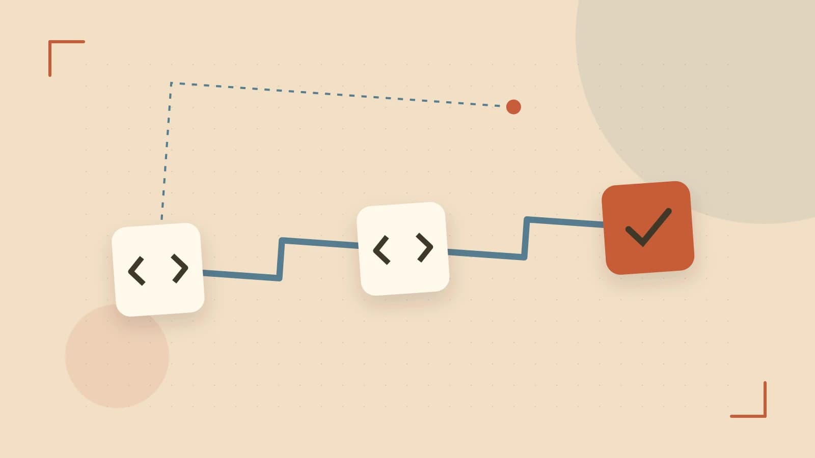 Editorial illustration of a branching build pipeline, staged transformations and a completed check