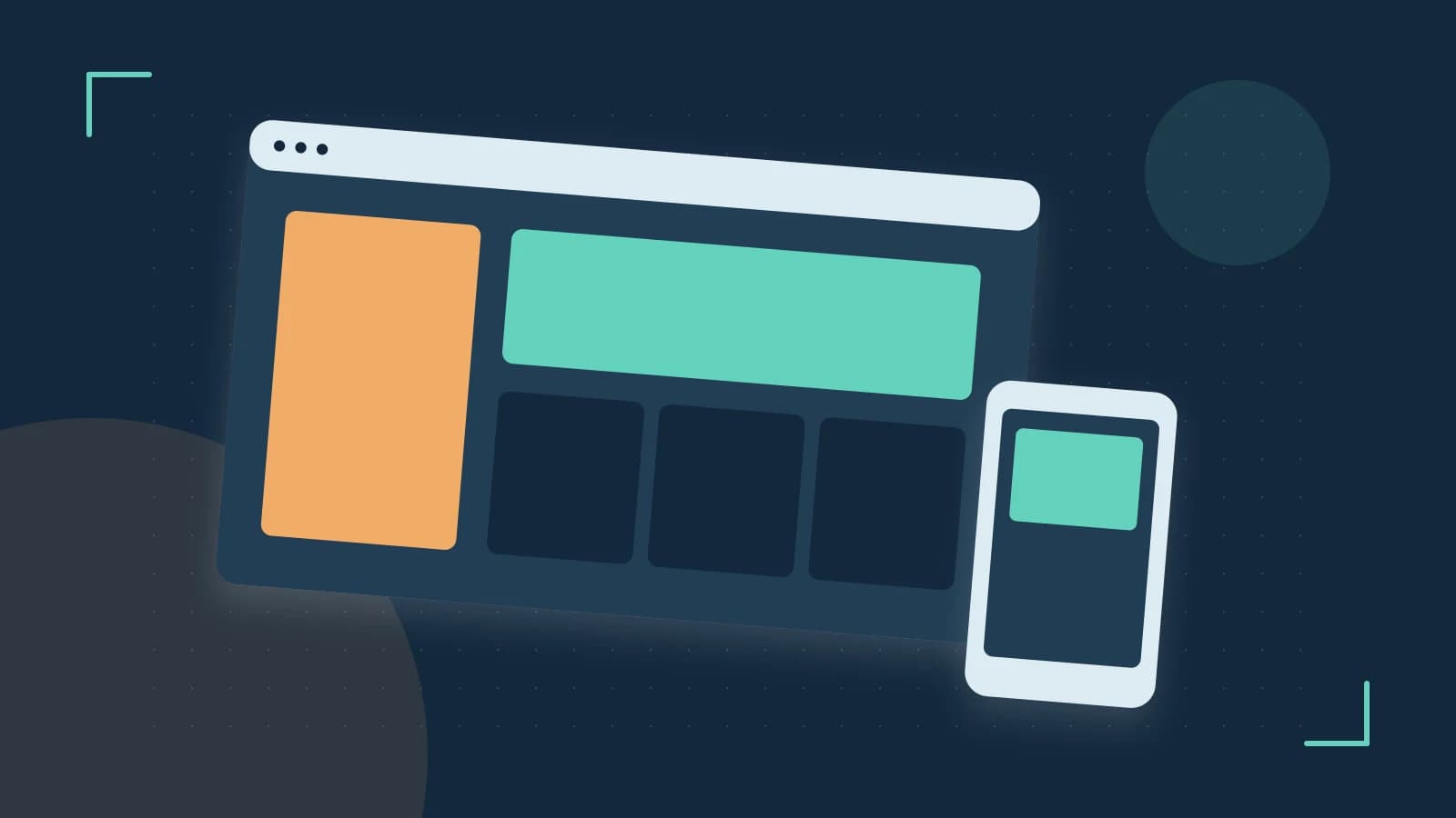 Editorial illustration of responsive browser layouts, overlapping design components and a color system