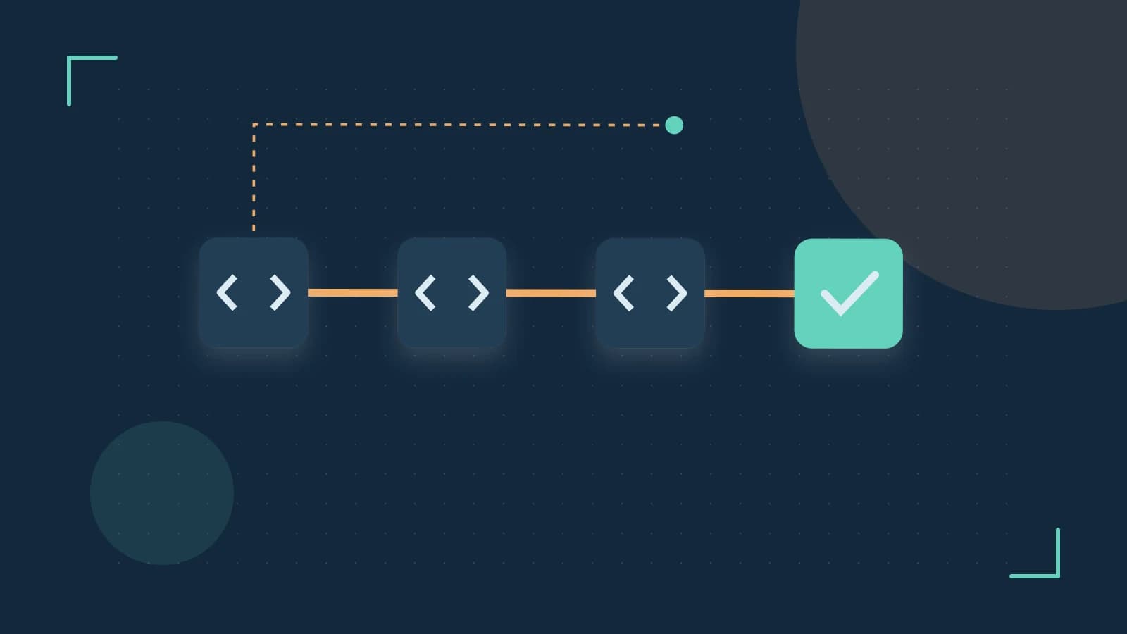 Editorial illustration of a branching build pipeline, staged transformations and a completed check