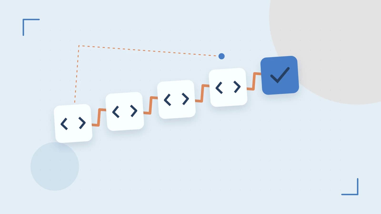 Editorial illustration of a branching build pipeline, staged transformations and a completed check