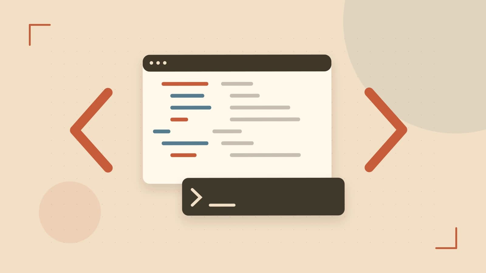 Editorial illustration of an abstract code editor, syntax blocks and oversized programming brackets