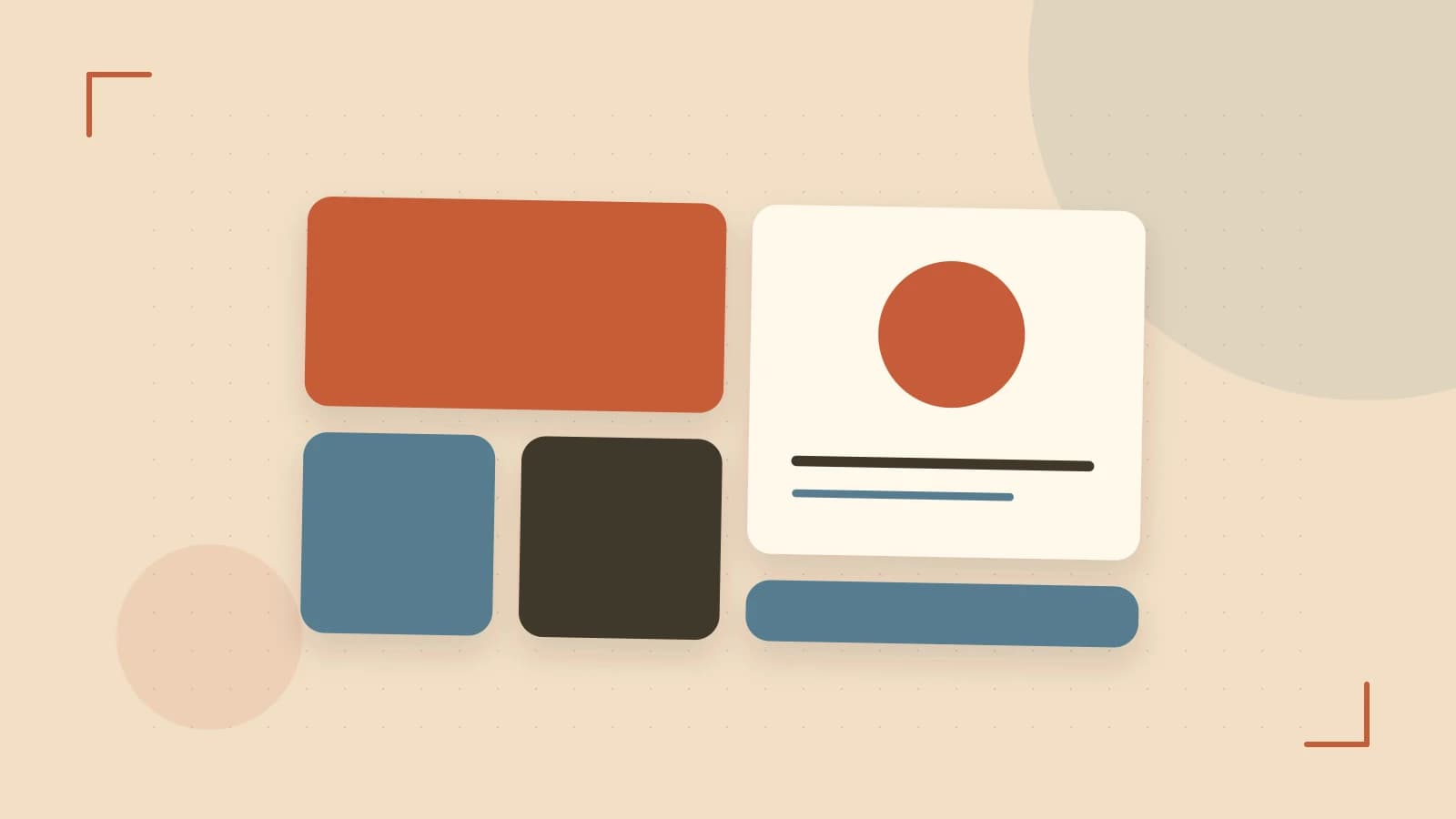 Editorial illustration of responsive browser layouts, overlapping design components and a color system