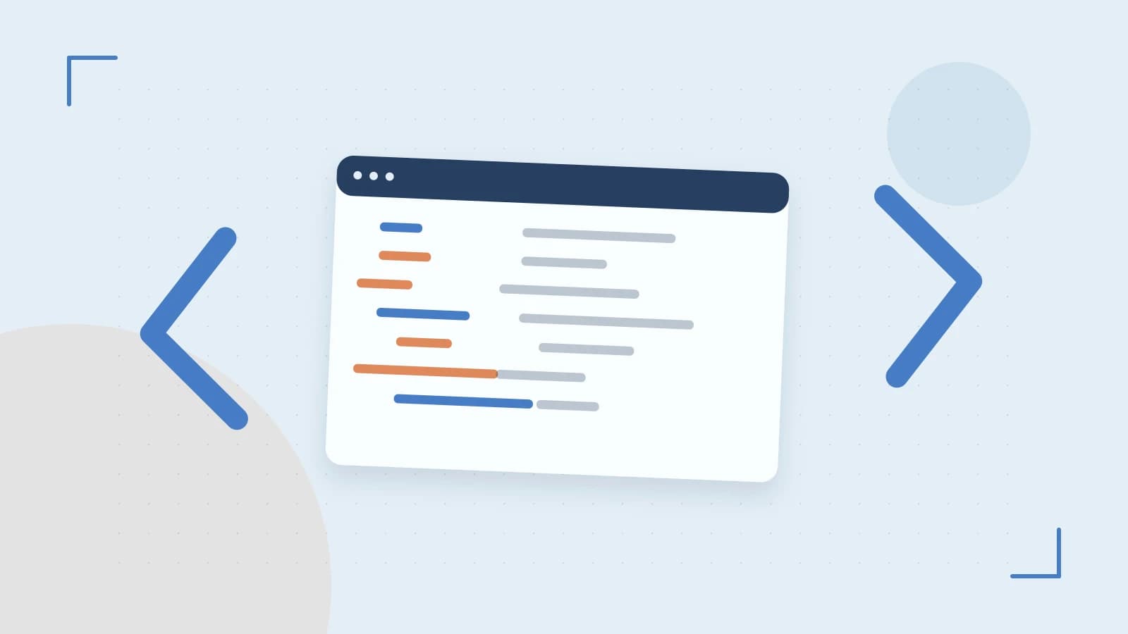 Editorial illustration of an abstract code editor, syntax blocks and oversized programming brackets