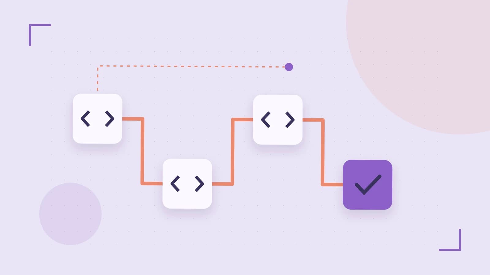 Editorial illustration of a branching build pipeline, staged transformations and a completed check