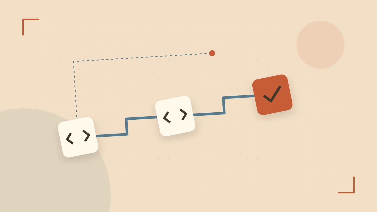 Editorial illustration of a branching build pipeline, staged transformations and a completed check