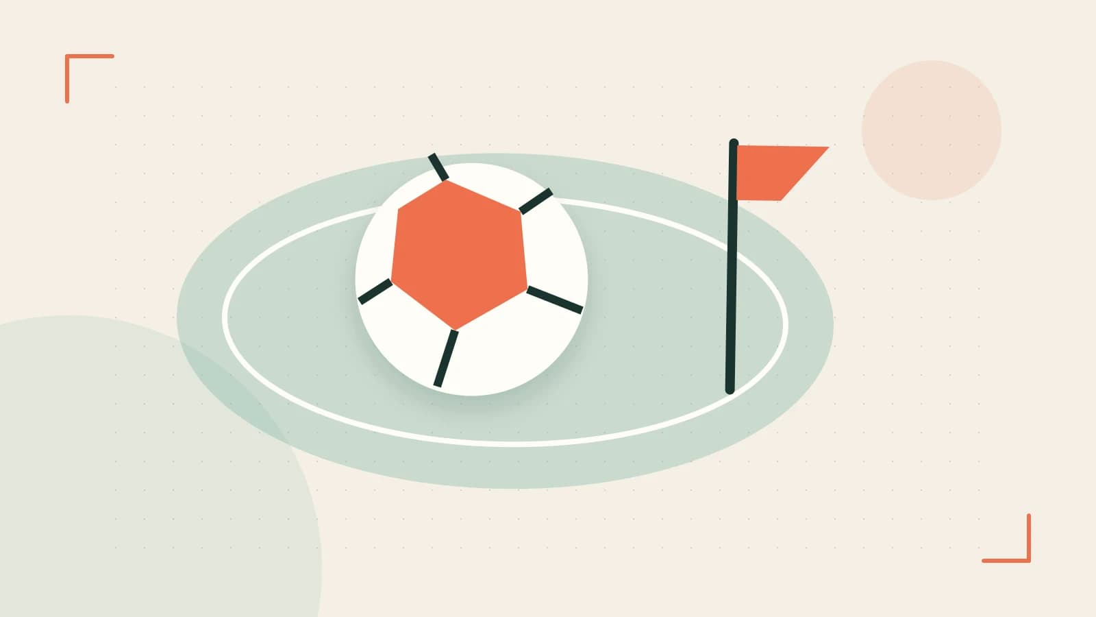 Editorial illustration of a stylized sports ball, stadium geometry and dynamic arcs