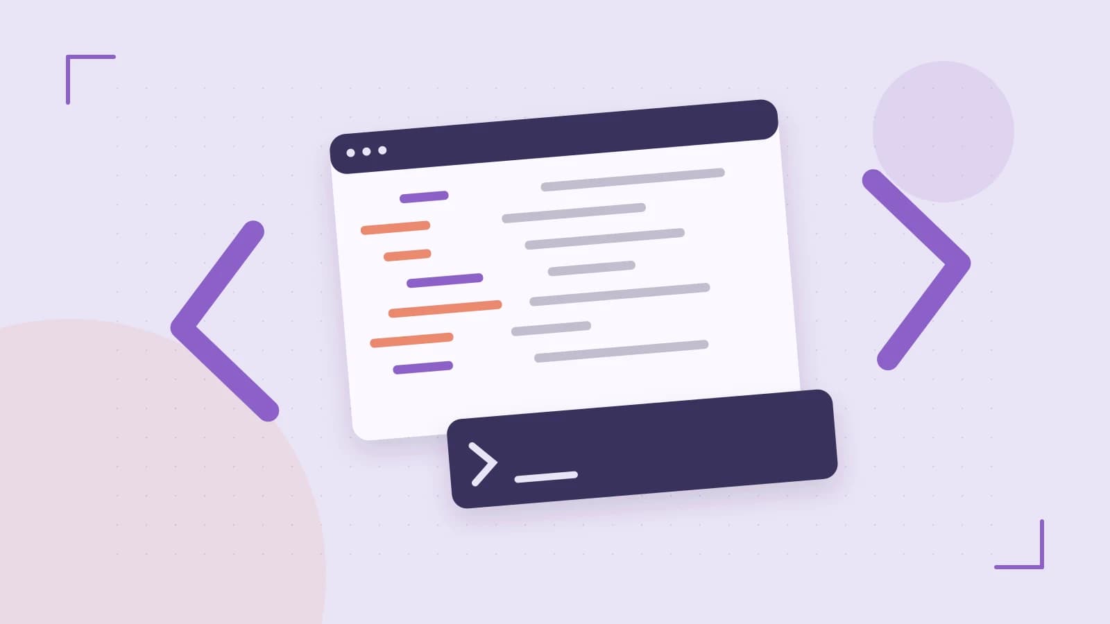 Editorial illustration of an abstract code editor, syntax blocks and oversized programming brackets
