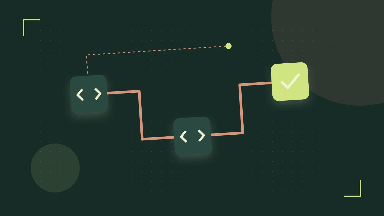 Editorial illustration of a branching build pipeline, staged transformations and a completed check