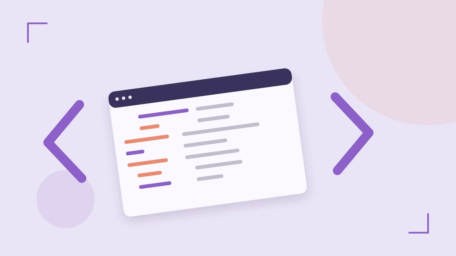 Editorial illustration of an abstract code editor, syntax blocks and oversized programming brackets
