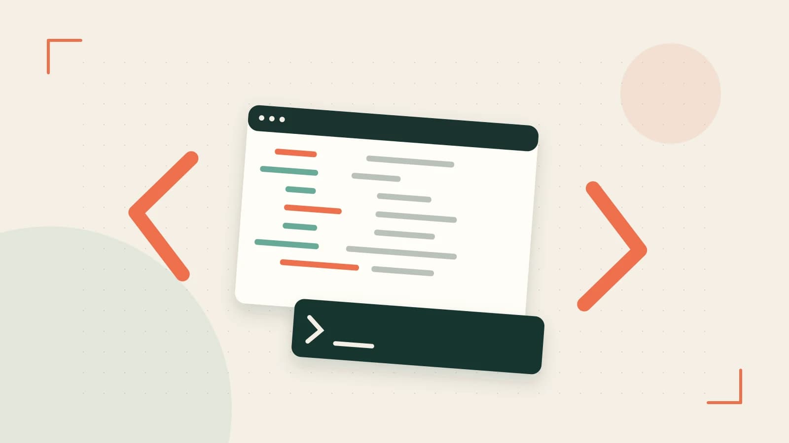 Editorial illustration of an abstract code editor, syntax blocks and oversized programming brackets