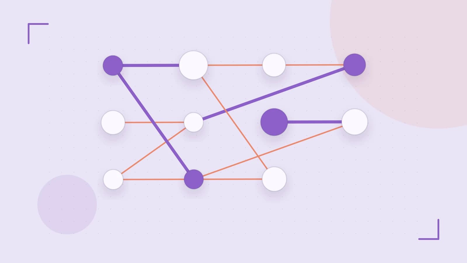 Editorial illustration of an algorithmic node graph with branching paths and a highlighted result