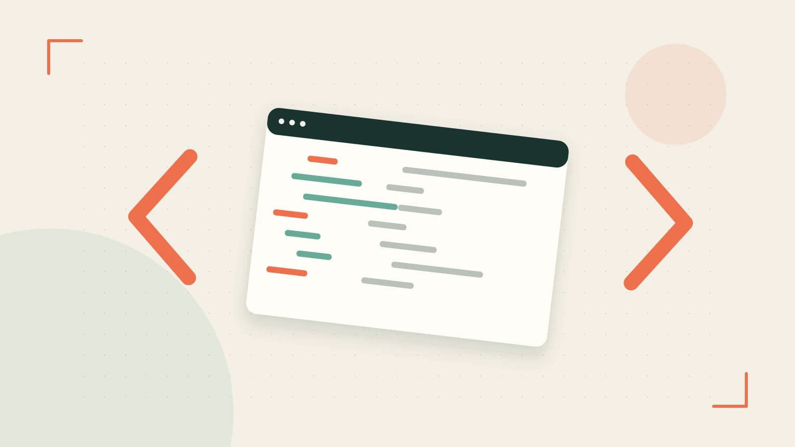 Editorial illustration of an abstract code editor, syntax blocks and oversized programming brackets