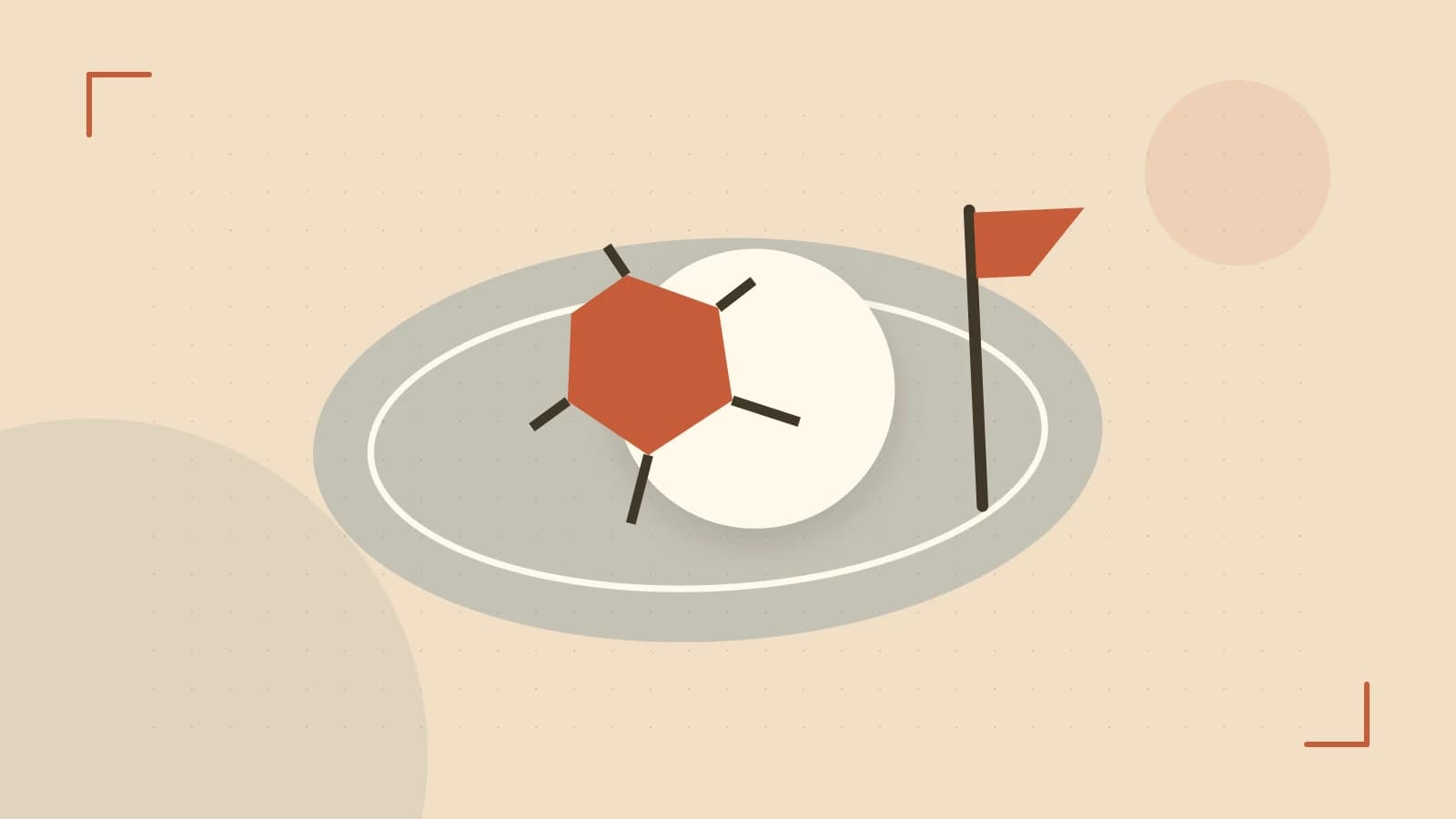 Editorial illustration of a stylized sports ball, stadium geometry and dynamic arcs