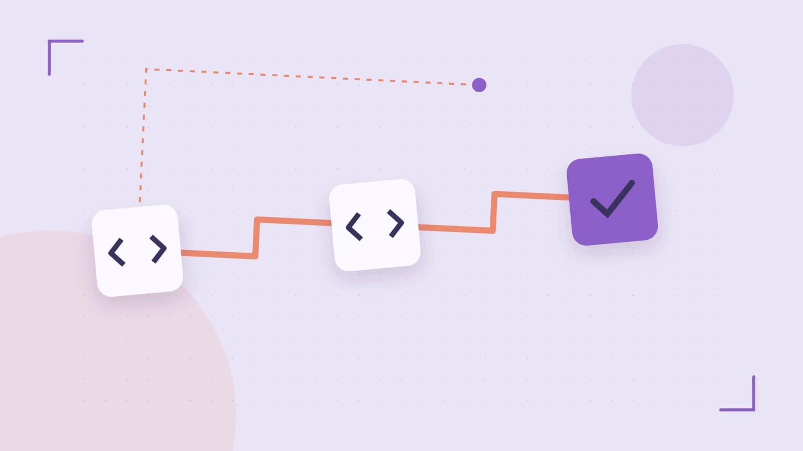 Editorial illustration of a branching build pipeline, staged transformations and a completed check
