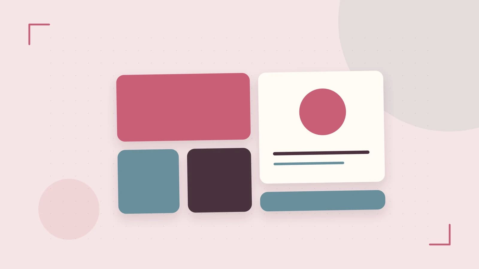 Editorial illustration of responsive browser layouts, overlapping design components and a color system