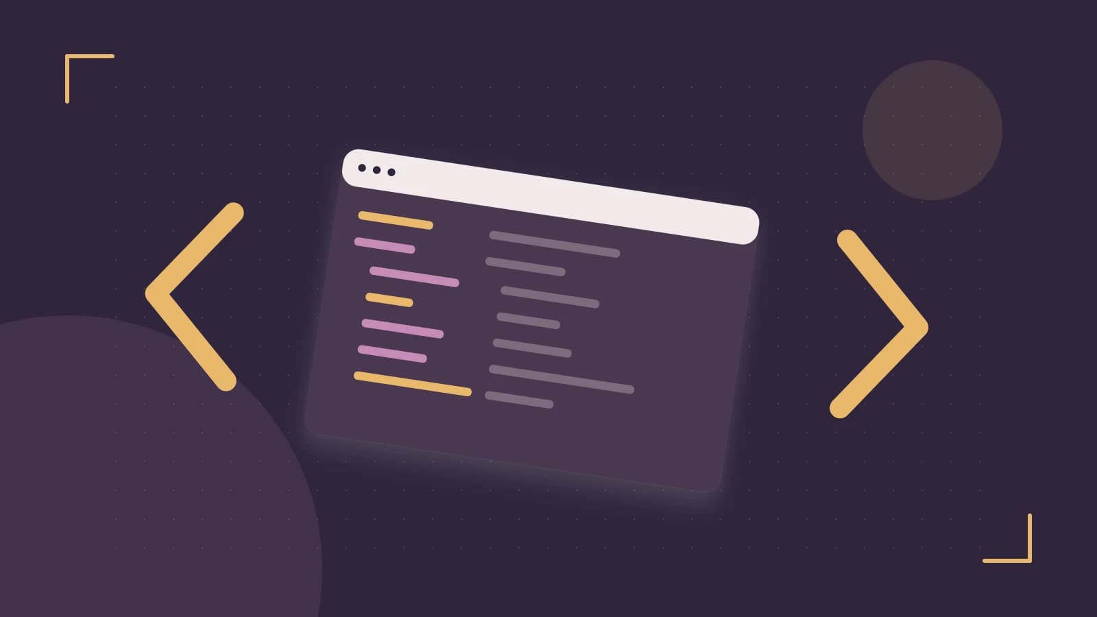 Editorial illustration of an abstract code editor, syntax blocks and oversized programming brackets