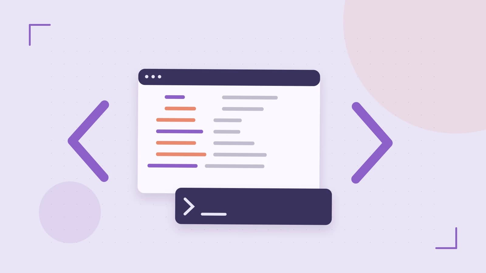 Editorial illustration of an abstract code editor, syntax blocks and oversized programming brackets