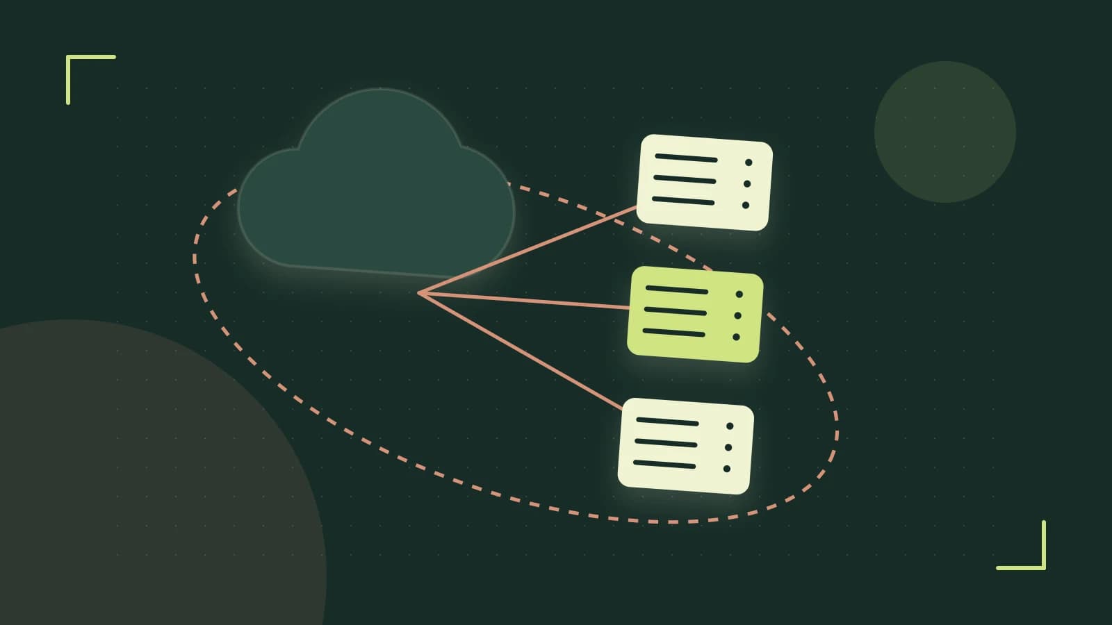 Editorial illustration of cloud infrastructure, connected server racks and an orbital service map