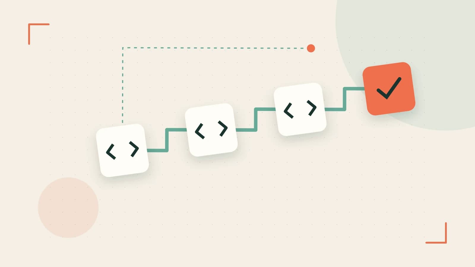 Editorial illustration of a branching build pipeline, staged transformations and a completed check
