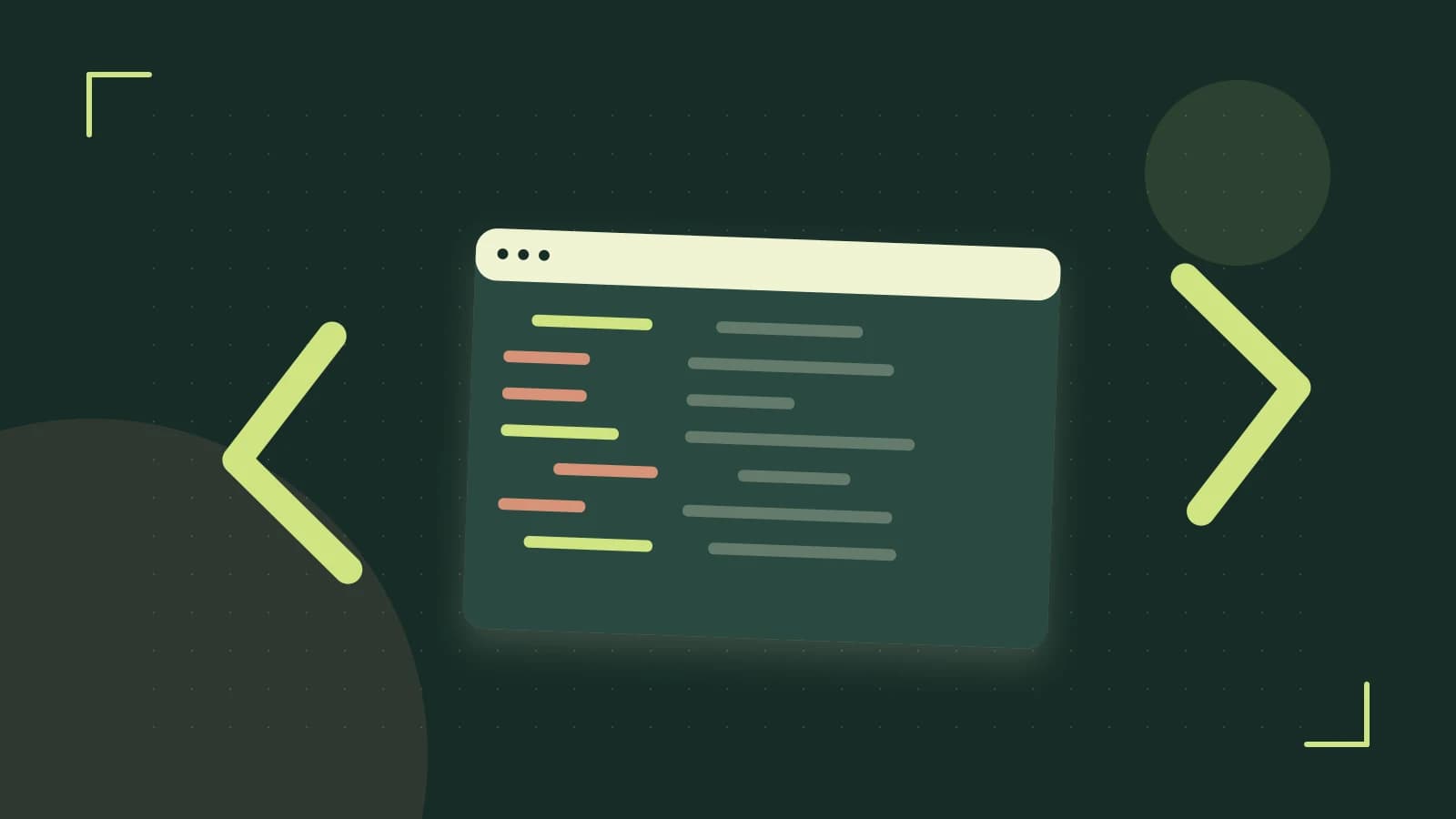 Editorial illustration of an abstract code editor, syntax blocks and oversized programming brackets