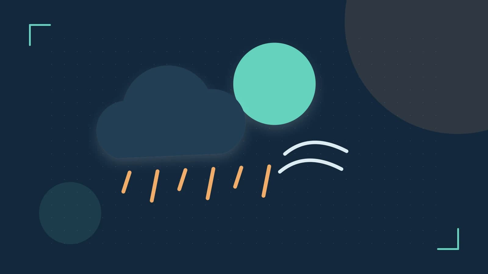Editorial illustration of a sun, layered clouds, raindrops and flowing weather patterns