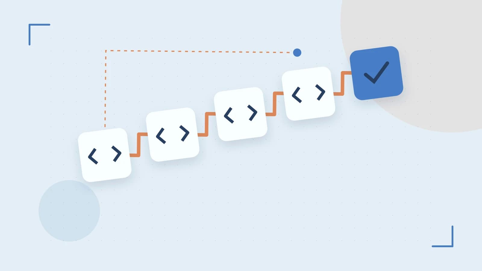 Editorial illustration of a branching build pipeline, staged transformations and a completed check