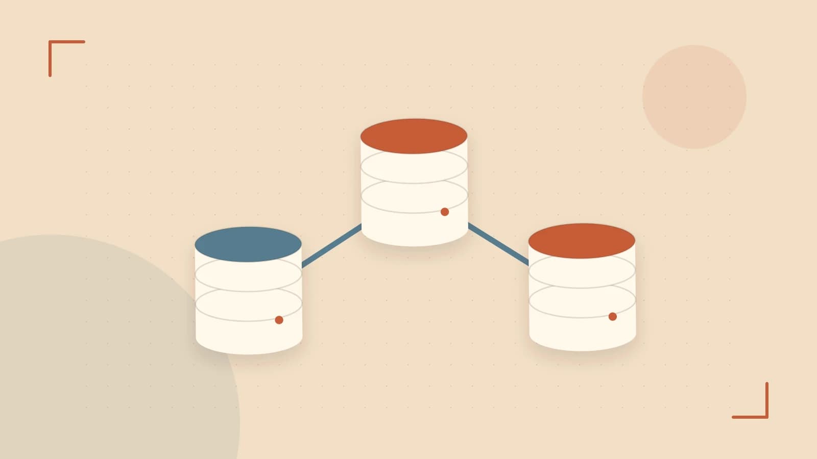 Editorial illustration of structured records, database cylinders and relationships between tables