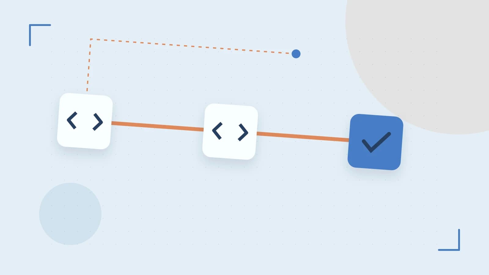 Editorial illustration of a branching build pipeline, staged transformations and a completed check