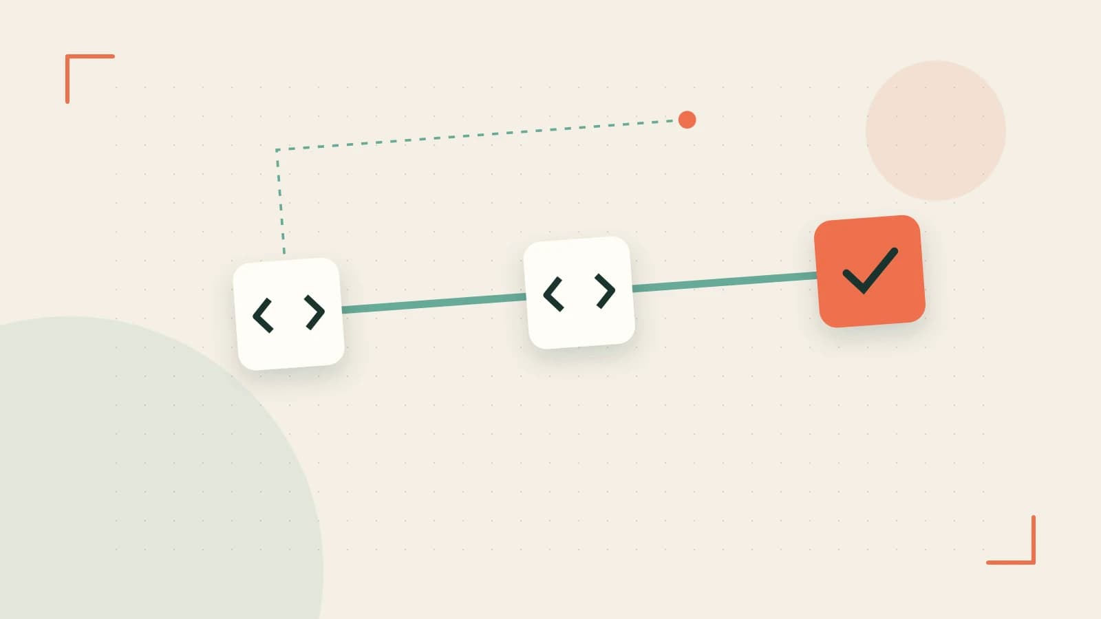 Editorial illustration of a branching build pipeline, staged transformations and a completed check