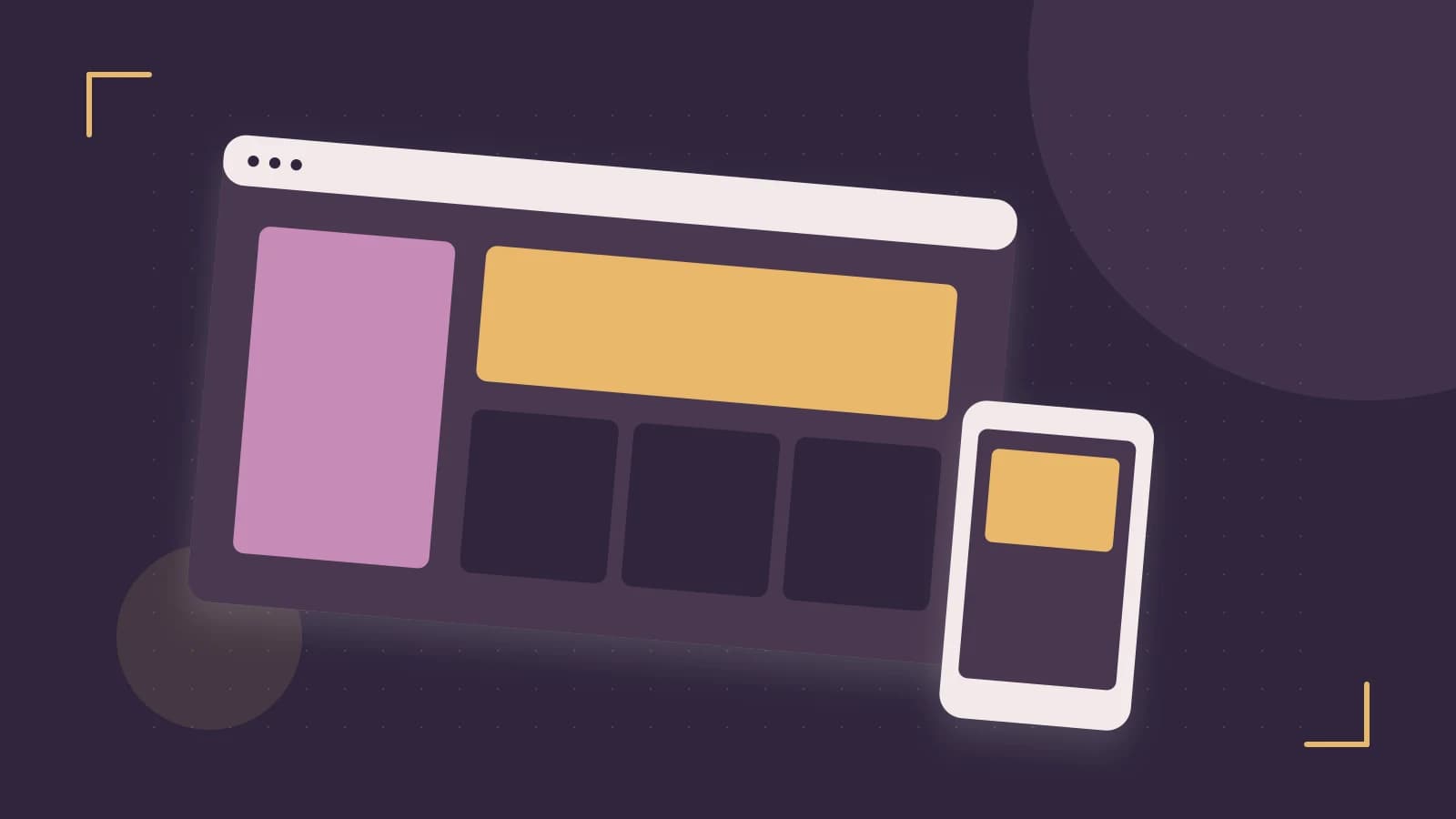 Editorial illustration of responsive browser layouts, overlapping design components and a color system