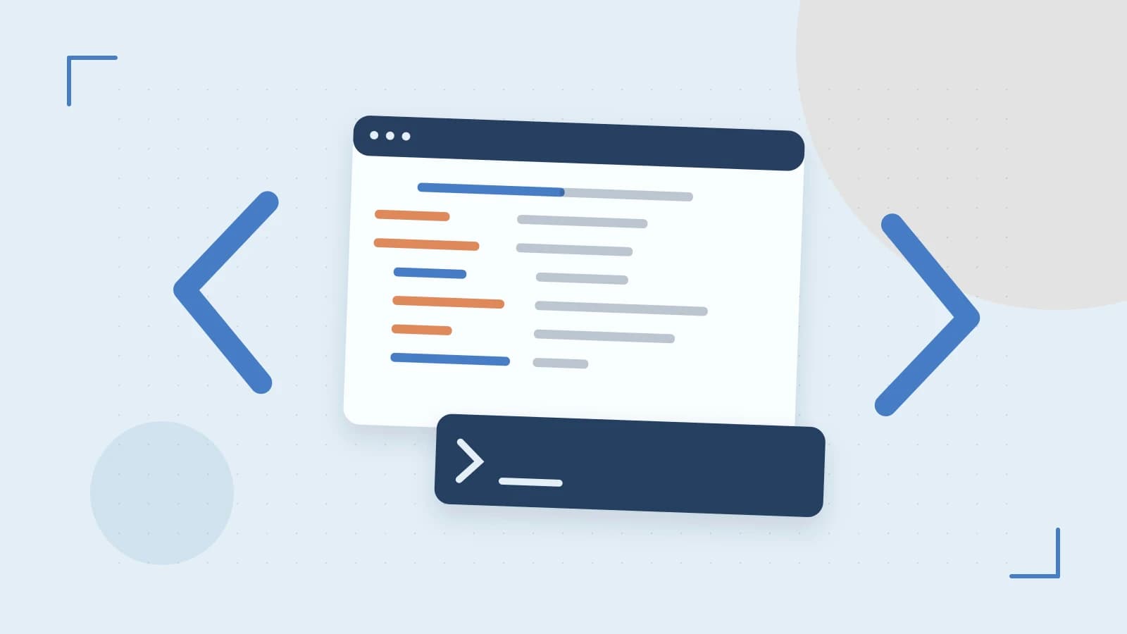 Editorial illustration of an abstract code editor, syntax blocks and oversized programming brackets
