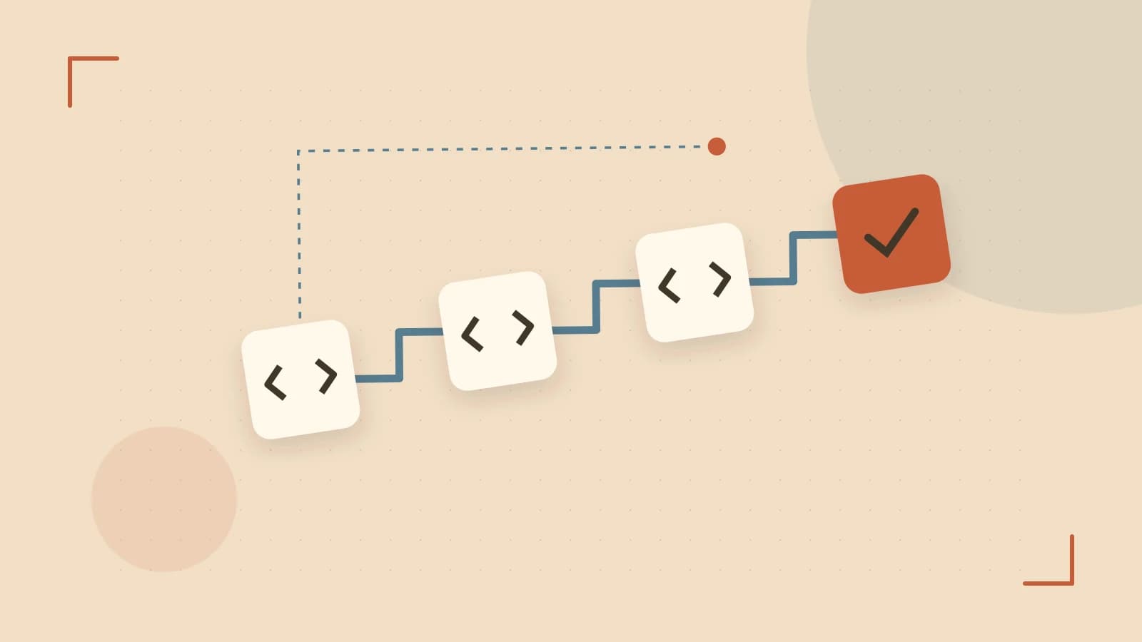Editorial illustration of a branching build pipeline, staged transformations and a completed check