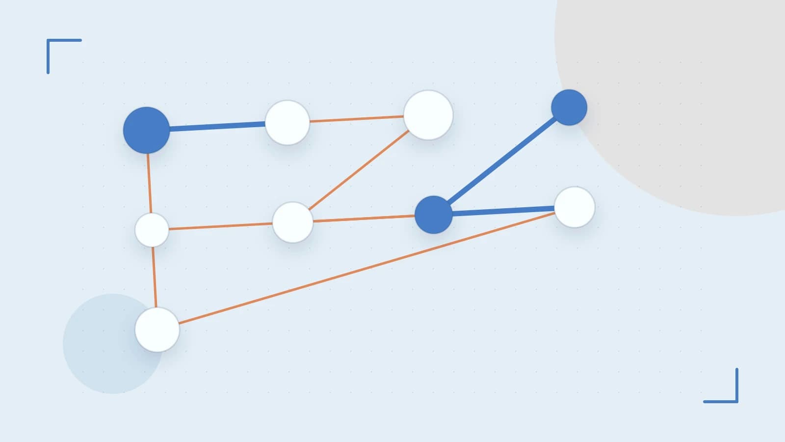 Editorial illustration of an algorithmic node graph with branching paths and a highlighted result