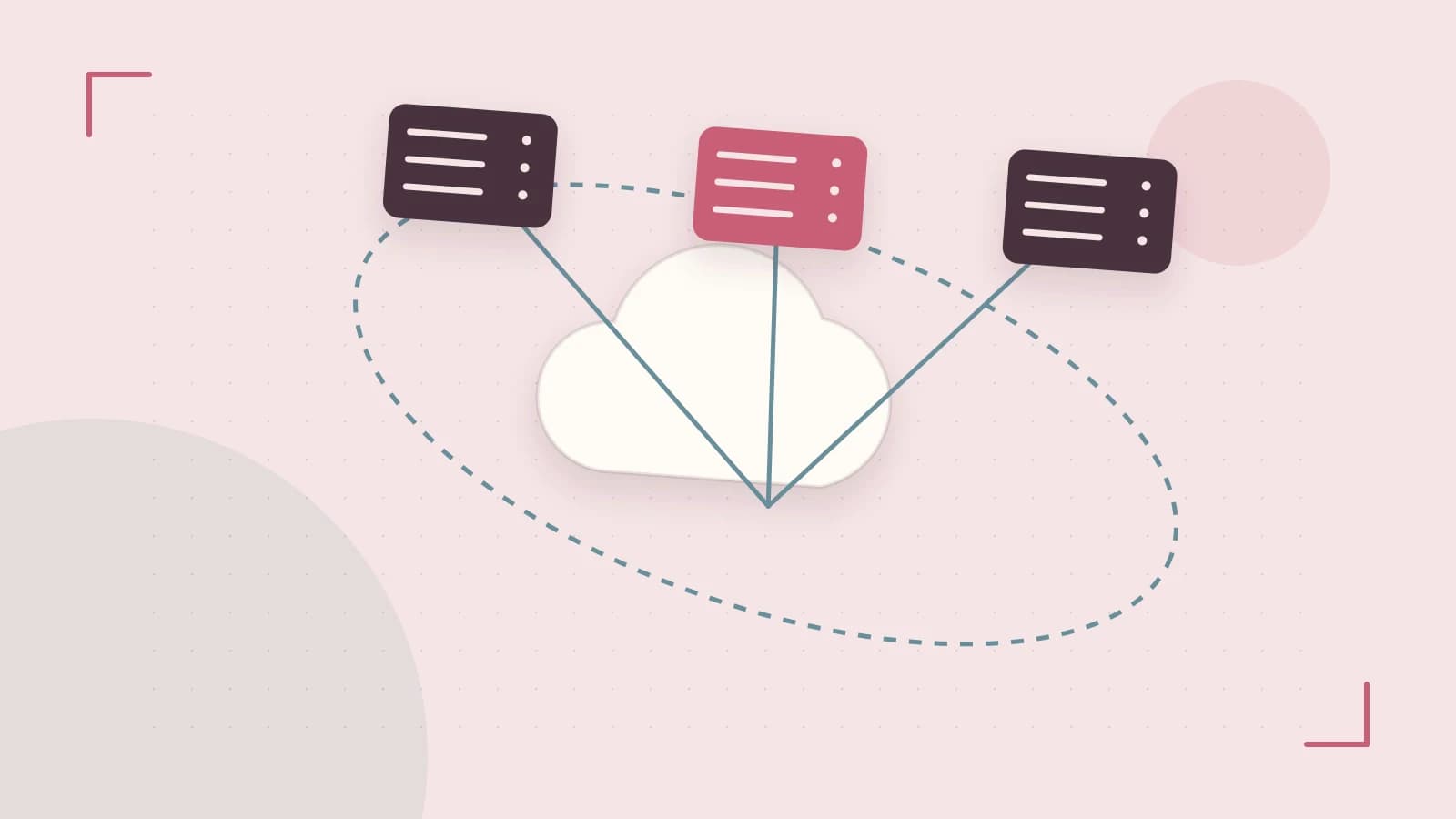 Editorial illustration of cloud infrastructure, connected server racks and an orbital service map