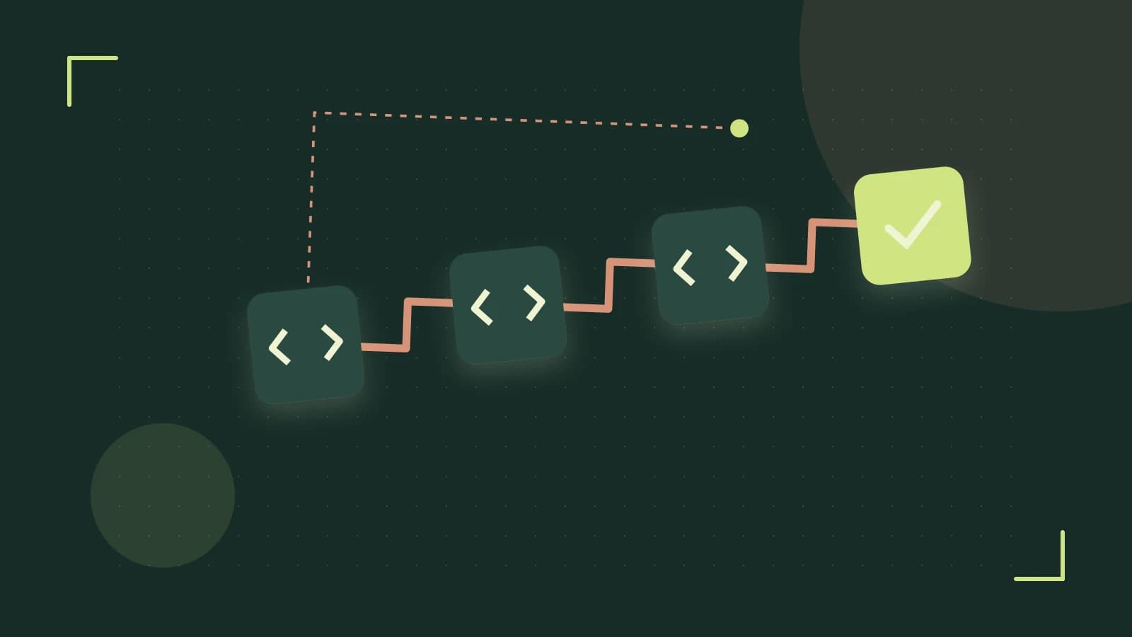 Editorial illustration of a branching build pipeline, staged transformations and a completed check