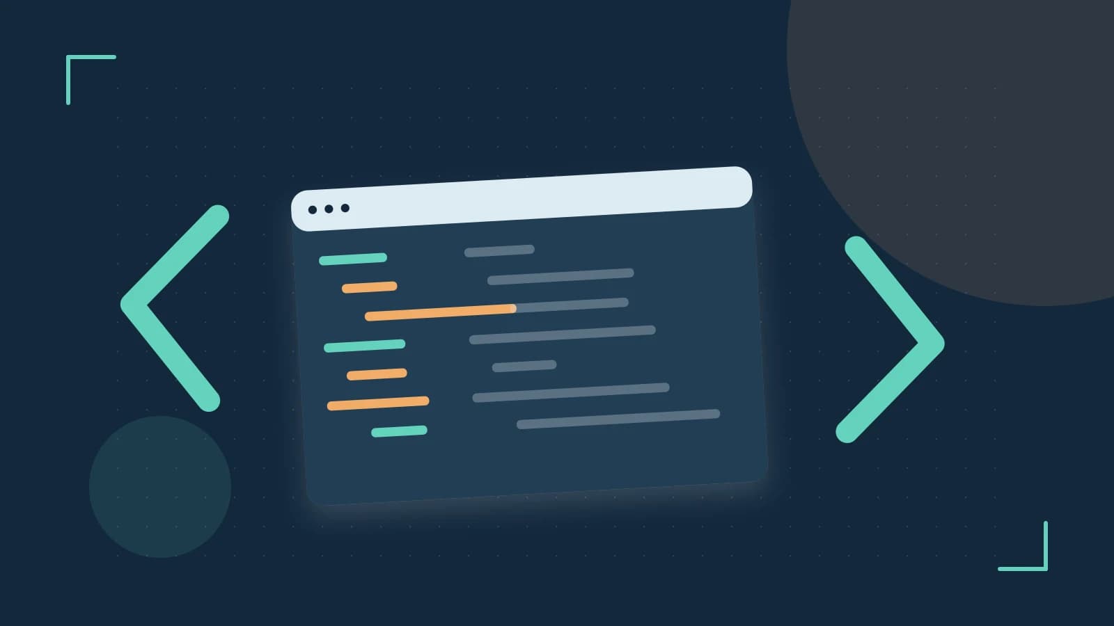 Editorial illustration of an abstract code editor, syntax blocks and oversized programming brackets