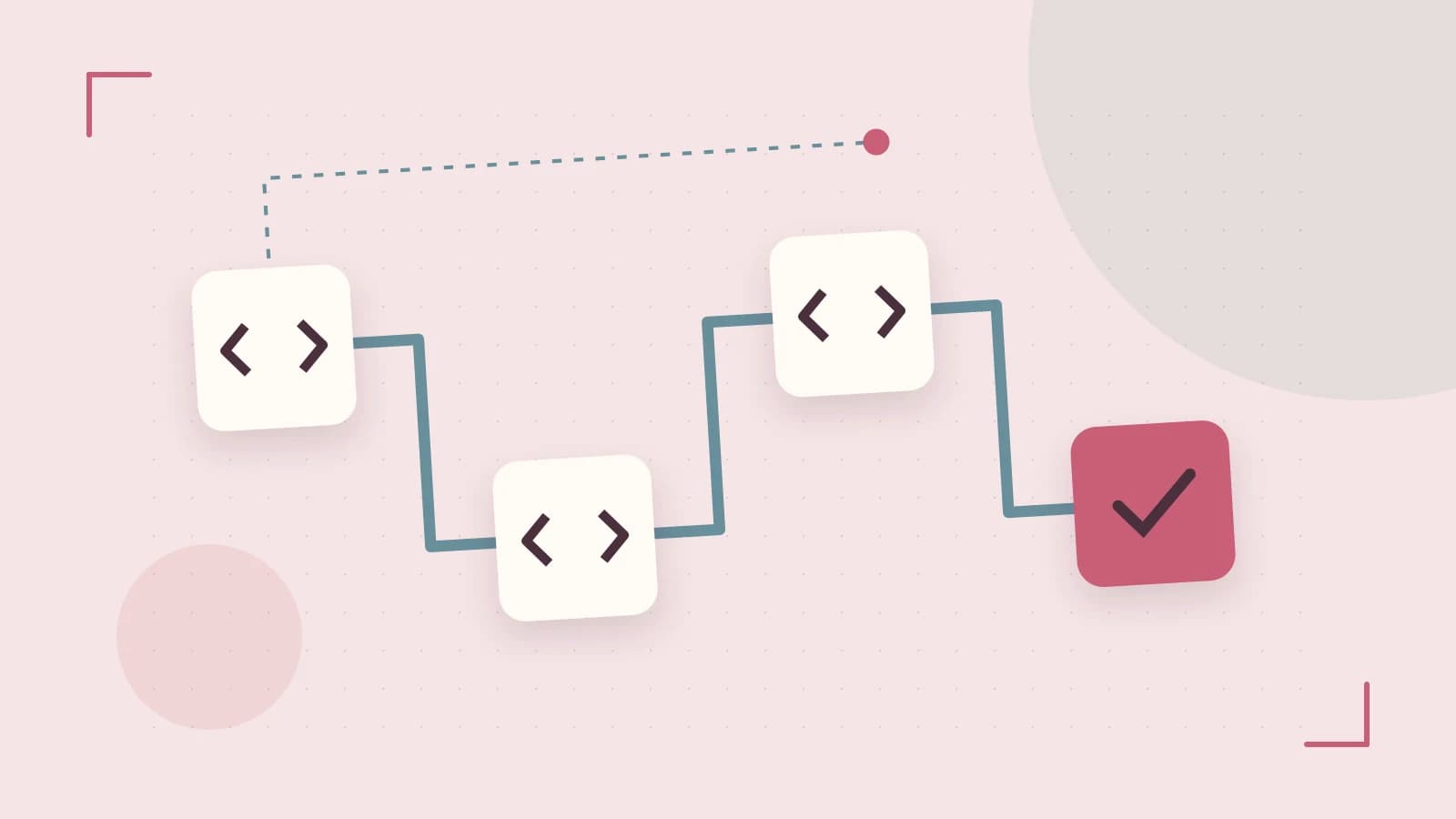 Editorial illustration of a branching build pipeline, staged transformations and a completed check