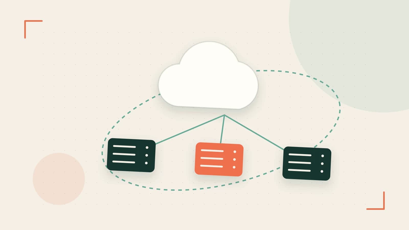 Editorial illustration of cloud infrastructure, connected server racks and an orbital service map