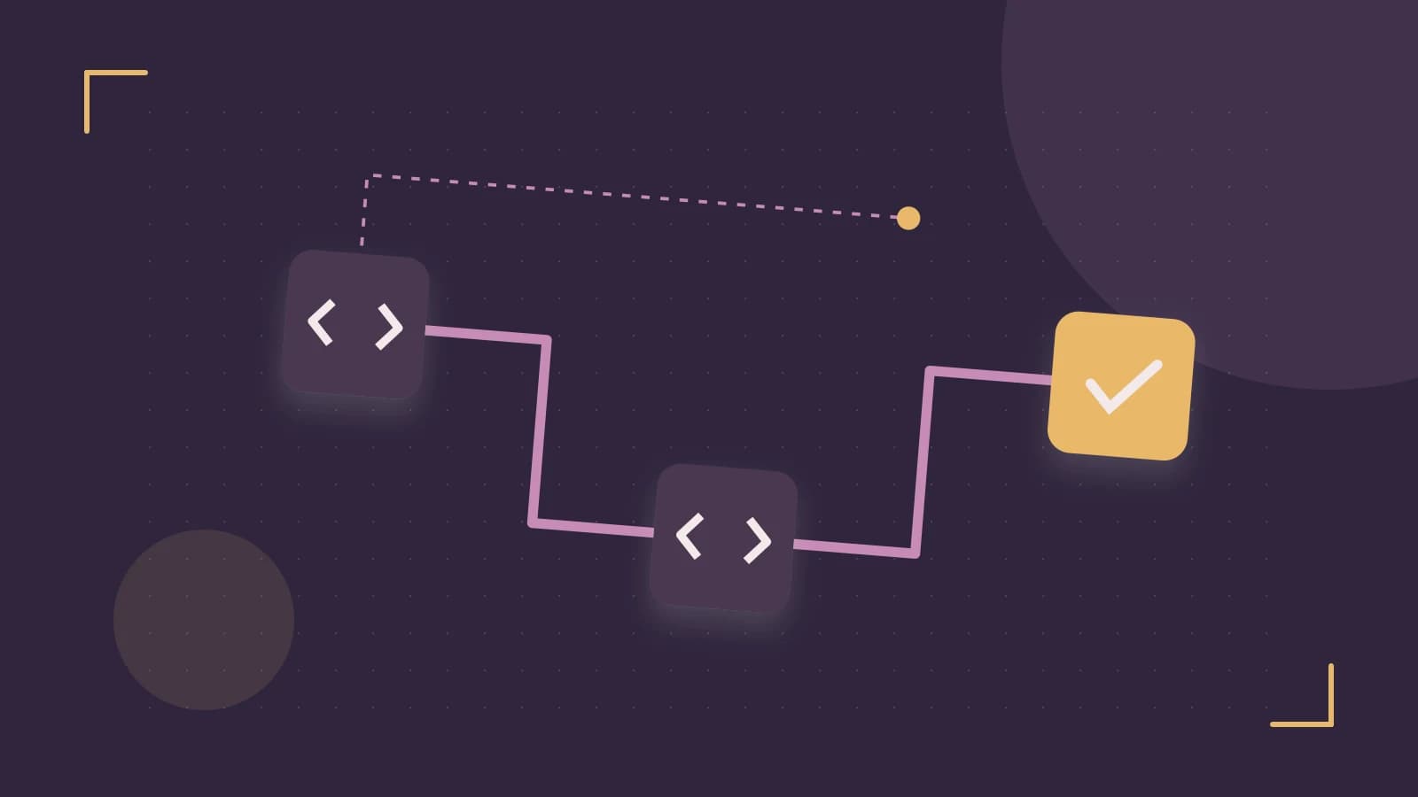 Editorial illustration of a branching build pipeline, staged transformations and a completed check